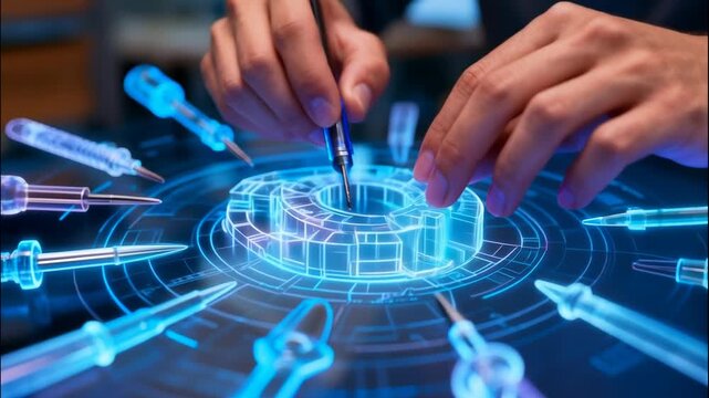 Engineer interacting with holographic blueprint using screwdrivers and augmented reality technology
