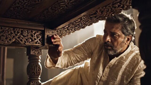 Man Pushing Red Button Under Ornate Table - A man in a white shirt reaches up to push a large red button attached to the underside of an ornately carved wooden table.