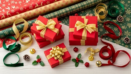 Celebrating Lunar New Year with gift wrapping supplies and red boxes on a wooden surface surrounded by ribbons and decorations
