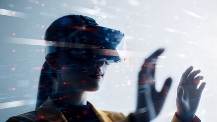 Woman interacting with virtual reality headset and digital interface in futuristic setting