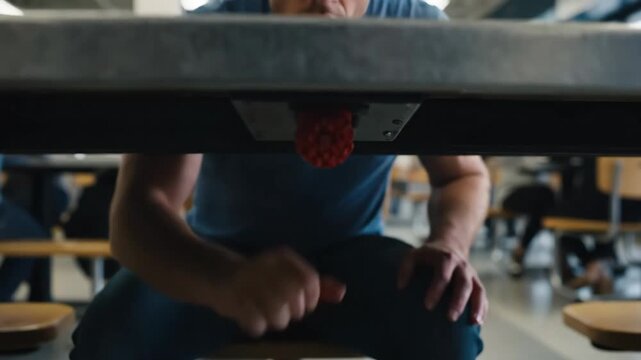 Hidden Hand Triggering Mechanism - A man's hand reaches underneath a metal table to activate a red trigger or button.