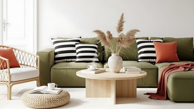 Cozy modern living room with green sectional sofa, rattan armchair, wooden coffee table, books, and decorative pampas grass, creating a warm and inviting atmosphere. 149 chars