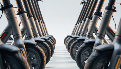 Row of Electric Scooters in Perspective – Repeating Wheels and Stems Create Urban Mobility Pattern, Shallow Depth of Field