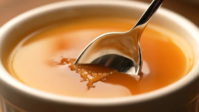 Spoon Dipping into Creamy Caramel Custard Dessert Delicacy