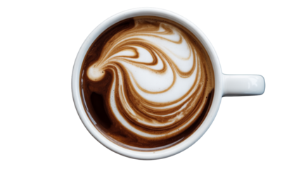 Overhead view of a delicious latte with foamy art isolated on transparent background