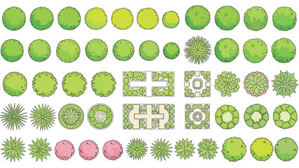 Illustration of top view tree and shrub symbols for landscape architecture plans