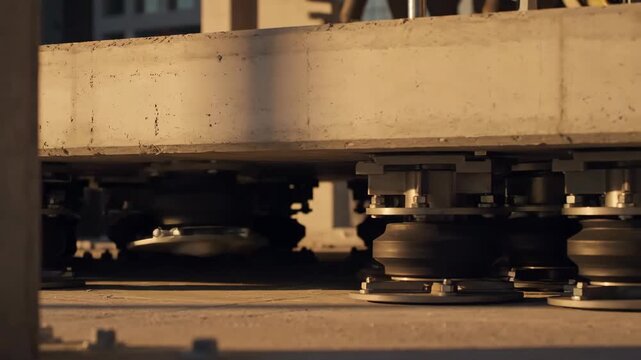 Concrete slab rests on vibration isolators in industrial setting