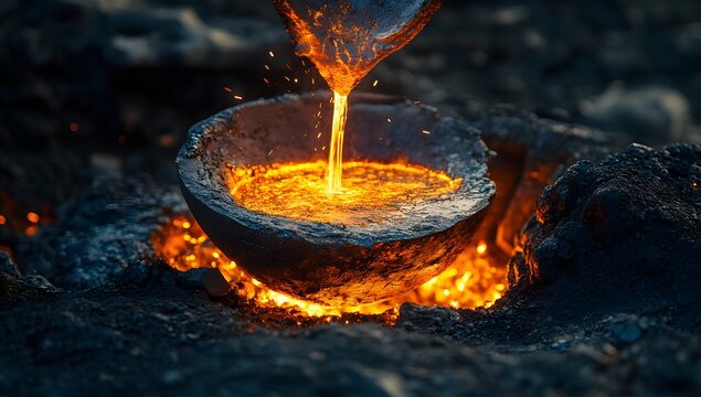 A glowing stream of liquid gold being carefully poured into a hot metal crucible
