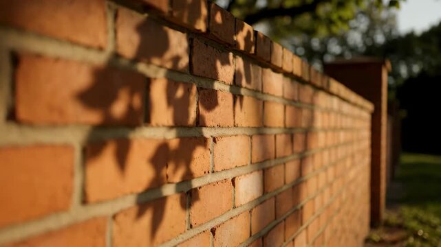 Brick wall with leaf shadows in golden hour light, close up view
