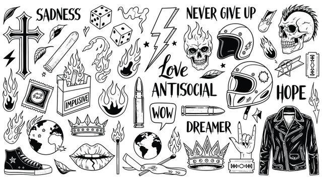 Illustration of collection of edgy, rebellious, and emotional doodle illustrations crosses, skulls, flames, text slogans, motorcycle helmets, crowns, and various symbols