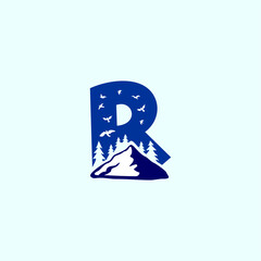 A beautiful mountain scene with birds in flight shaping a bold alphabet emblem. Suitable for eco brands, adventure companies, travel agencies, and modern minimalist identities.
