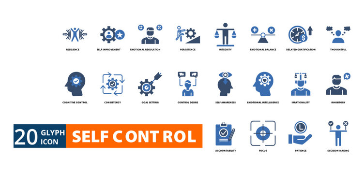 self control icon set with resilience, self improvement, emotional regulation, persistence, integrity, emotional balance, delayed gratification, thoughtful, cognitive control, consistency








