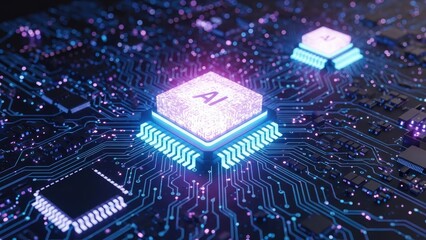 A glowing AI chip at the center of a futuristic circuit board with intricate blue and purple traces, symbolizing advanced artificial intelligence technology.