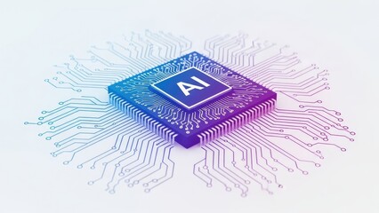 A vibrant, stylized computer chip with 'AI' text at its center, surrounded by intricate circuit board pathways, symbolizing artificial intelligence and advanced technology.