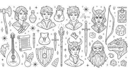 Illustration of collection of dungeons and dragons or fantasy rpg character portraits, weapons, and items line art