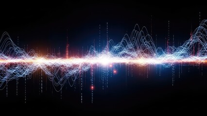 Abstract digital sound wave visualization with glowing energy line and undulating data patterns on a dark background.