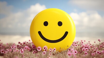 A cheerful yellow smiley face sits amidst pink flowers, with a blurred beach and sky background
