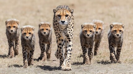 A cheetah leading its six cubs across open grassland on a sunny day