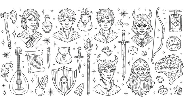 Illustration of collection of dungeons and dragons or fantasy rpg character portraits, weapons, and items line art