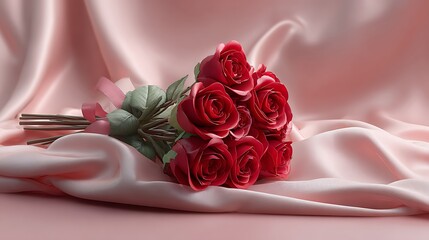 Romantic valentine gift box with red roses pink background themed decoration for love celebration