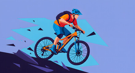 Fototapeta premium Vibrant illustration of a mountain biker in action, expertly navigating a steep downhill trail, capturing the thrill of extreme sport and outdoor adventure