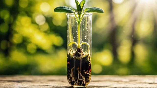 Sprout in Glassware - A close-up shot showcases a small plant growing inside a glass test tube filled with dark soil and visible roots.