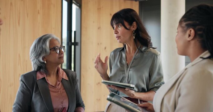 Hallway, discussion or team with tablet for meeting preparation, allocate responsibility or role reminder. Talking, collaboration or people together for proposal pitch, action plan or tech to explain