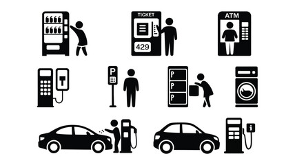 Public Service Icons Set Featuring Vending Machine, Ticket Booth, ATM, Parking Meter, EV Charging, and Laundry Symbol

