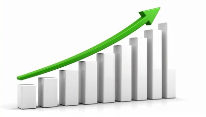 ascending white-green bars with growth arrow on blue