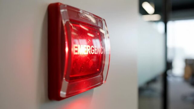Illuminated Emergency Light in Office - A close-up shot of a red emergency light affixed to a white wall inside an office building.