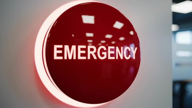 Illuminated Emergency Button - A close-up shows a glossy, red, circular emergency button affixed to a white wall.