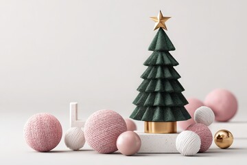 Stylized evergreen holiday decoration stands amidst various decorative spheres
