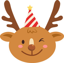 Cute reindeer cartoon face wears party hat for Christmas
