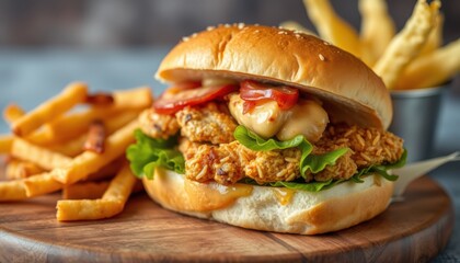 Delicious crispy fried chicken sandwich with fresh lettuce and sauce served with golden french fries on a wooden board