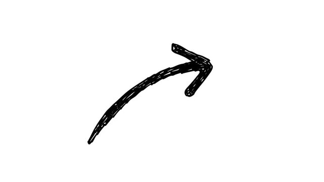 Animated hand-drawn black arrow sketch. Simple cartoon motion graphic element for direction, transition, and pointer overlay.
