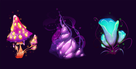 Fantasy magic plants, mushroom, flower and grass