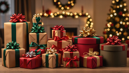 Joyful christmas gifts in order ready for holiday dispatch. festive pile of present box with ribbon and bow decoration