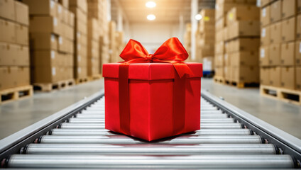Exciting christmas gift box order ready for dispatch on conveyor belt in large warehouse for quick delivery
