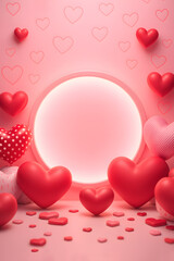 Pink background with circular element in center surrounded by 3D hearts