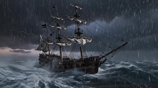 Pirate Ship in Stormy Seas - A pirate ship battles through a violent storm with crashing waves and dramatic lightning strikes. Heavy rain pours down as the ship navigates the turbulent sea.