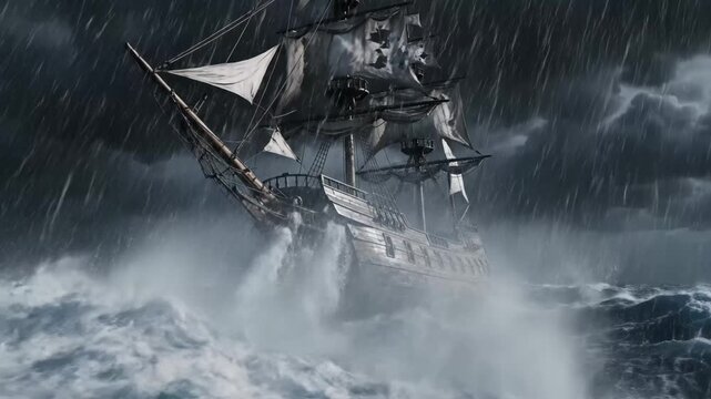 Ship in Stormy Seas - A tall ship is caught in the middle of a violent storm, battered by crashing waves and heavy rain.
