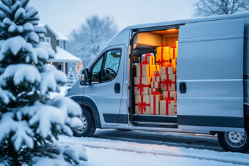 Cheerful christmas delivery van ready to dispatch gift order during cold winter snow evening