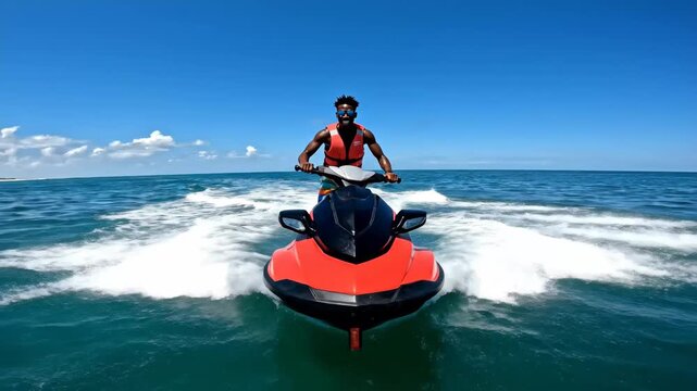 Jet Skiing Adventure on a Sunny Day - An African American man wearing a life jacket and sunglasses rides a red and black jet ski across the ocean on a bright, sunny day.