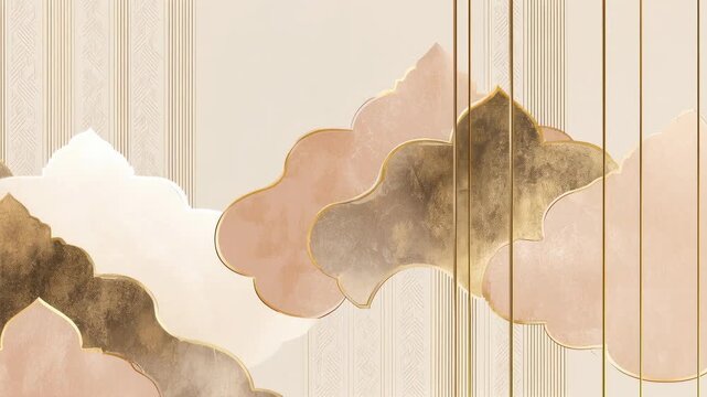 Luxury abstract art background with gold lines, beige watercolor clouds, and geometric texture