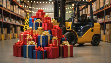 Festive christmas gift order pile in warehouse ready for shipping and delivery. Forklift preparing holiday dispatch