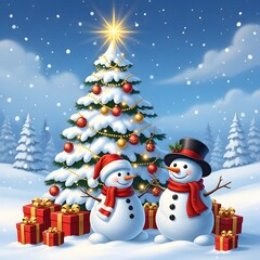 Two Snowmen With Christmas Tree and Gifts
