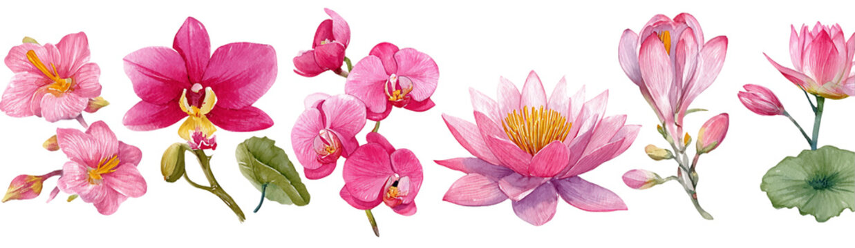 Watercolor Floral Arrangement Featuring Pink Hibiscus Orchids and Lotus Isolated on Transparent Background, PNG