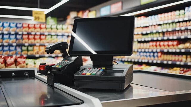 Supermarket Checkout Terminal - A view of a modern checkout terminal at a supermarket, complete with a touch screen monitor, card reader, and barcode scanner.
