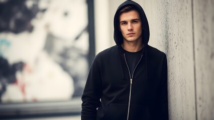 Modern Urban Portrait: A solitary figure, clad in a hooded jacket, leans against a weathered concrete wall, exuding an air of contemplative style amidst a urban backdrop.