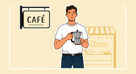 Man holding a coffee maker in front of a cafe, evoking a sense of coffee shop culture and daily routine